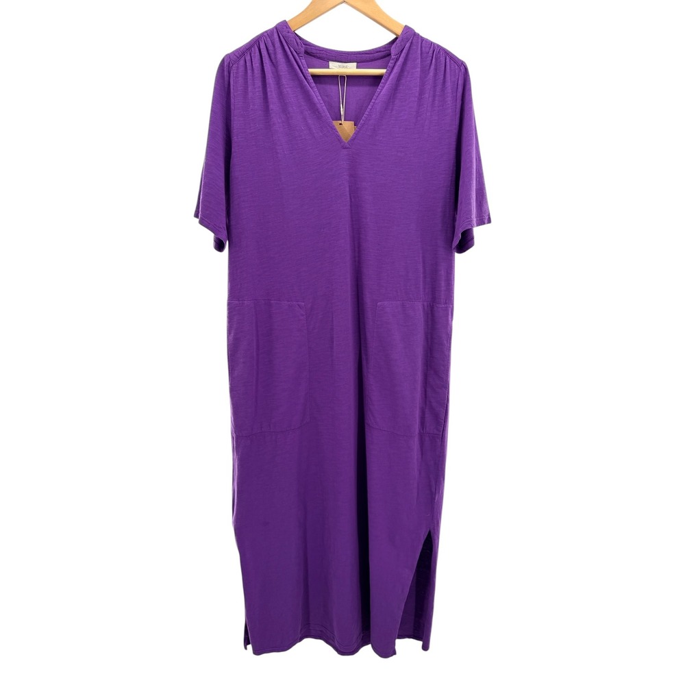 NWT Yerse Daisy Dress S Small Purple Midi Maxi Slub Knit V-Neck Pockets Slit NEW